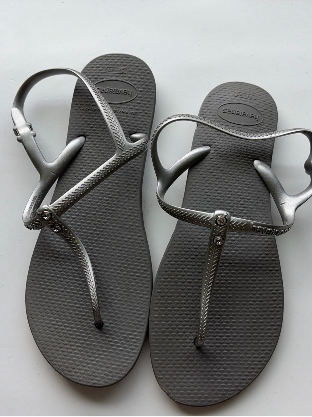 Havaianas Women's Silver T-Strap Sandals with Rhinestone Accent
